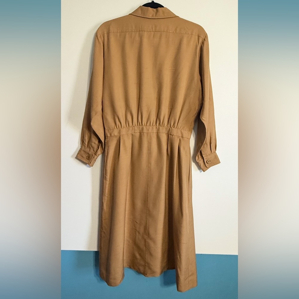 Vintage YSL Rive Gauche Tan Raw Silk Shirt Dress FR 42 US 8/10 - Picture 6 of 15